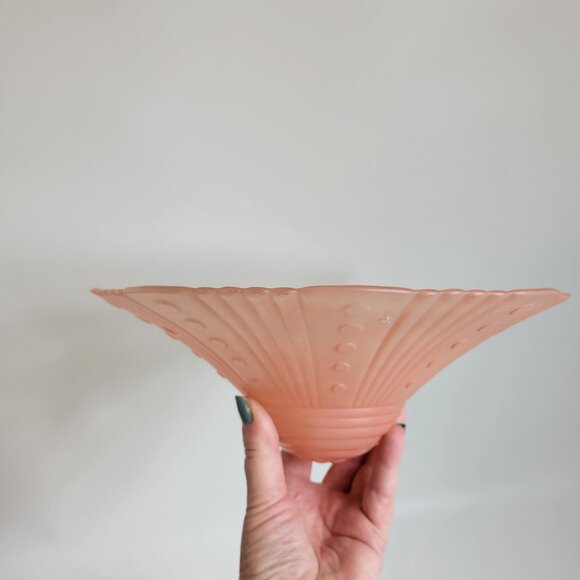 VTG 11" Flared Ribbed Peach Pink  Glass 3-Hole Ceiling Light Cover Shade 1930's - Picture 4 of 5